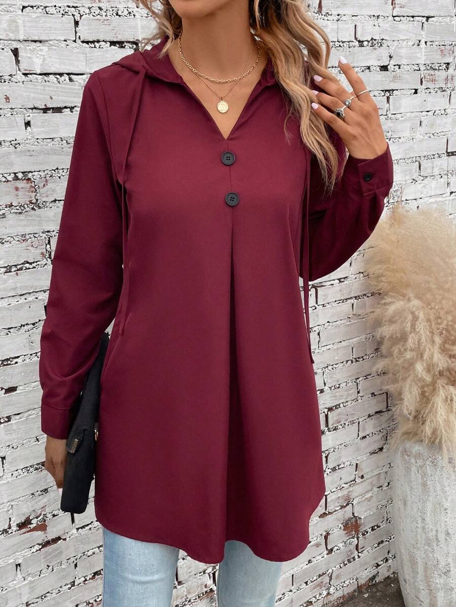 Solid Button Front Drawstring Hooded Blouse - Burgundy - View 1