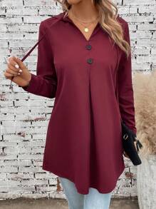 Solid Button Front Drawstring Hooded Blouse - Burgundy - View 4