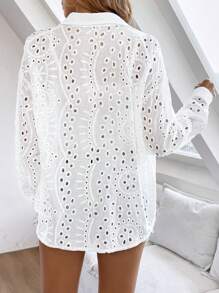 SHEIN LUNE 網眼刺繡落肩袖襯衫 - 白色 - 查看 2