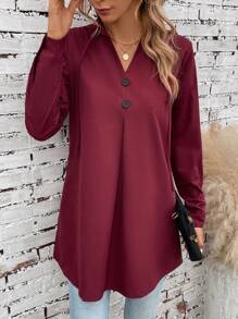Solid Button Front Drawstring Hooded Blouse - Burgundy - View 5