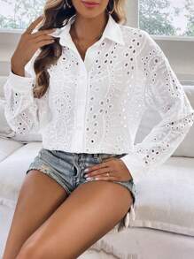 SHEIN LUNE 網眼刺繡落肩袖襯衫 - 白色 - 查看 1