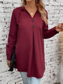 Solid Button Front Drawstring Hooded Blouse - Burgundy - View 6