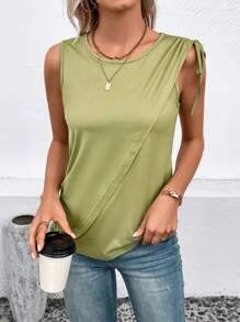 SHEIN LUNE Solid Drawstring Tank Top - Green - View 1