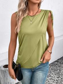 SHEIN LUNE Solid Drawstring Tank Top - Green - View 3