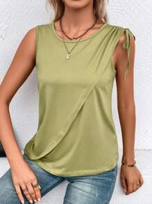 SHEIN LUNE Solid Drawstring Tank Top - Green - View 4
