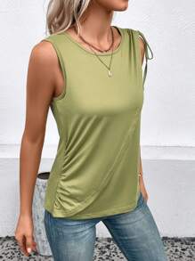 SHEIN LUNE Solid Drawstring Tank Top - Green - View 6