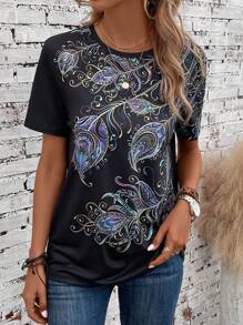 EMERY ROSE 羽毛印花T恤 - 黑色 - 查看 3