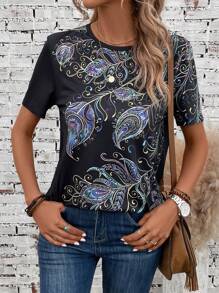 EMERY ROSE 羽毛印花T恤 - 黑色 - 查看 4