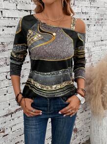 EMERY ROSE 圖案印花不對稱領T恤 - 彩色 - 查看 4