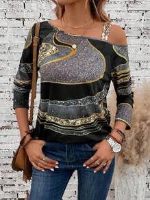 EMERY ROSE 圖案印花不對稱領T恤 - 彩色 - 查看 6