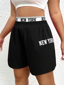 SHEIN EZwear 大碼字母圖案織帶拼接腰短褲 - 黑色 - 查看 1