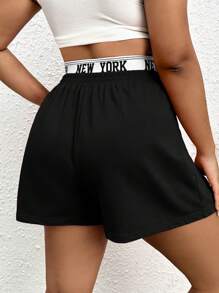 SHEIN EZwear 大碼字母圖案織帶拼接腰短褲 - 黑色 - 查看 2
