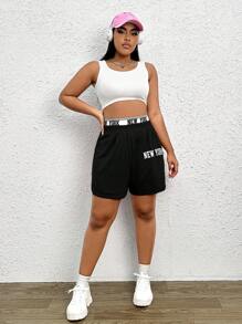 SHEIN EZwear 大碼字母圖案織帶拼接腰短褲 - 黑色 - 查看 4