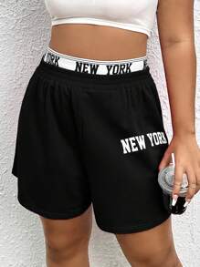 SHEIN EZwear 大碼字母圖案織帶拼接腰短褲 - 黑色 - 查看 6