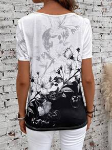 EMERY ROSE Floral Print Asymmetrical Neck Tee - Black and White - View 2
