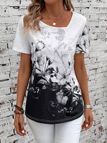 EMERY ROSE Floral Print Asymmetrical Neck Tee - Black and White - View 1