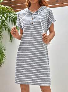 SHEIN Frenchy 條紋印花蝙蝠袖抽繩連帽連衣裙 - 淺灰色 - 查看 3