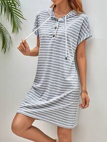 SHEIN Frenchy 條紋印花蝙蝠袖抽繩連帽連衣裙 - 淺灰色 - 查看 5