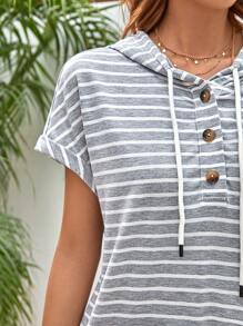 SHEIN Frenchy 條紋印花蝙蝠袖抽繩連帽連衣裙 - 淺灰色 - 查看 7