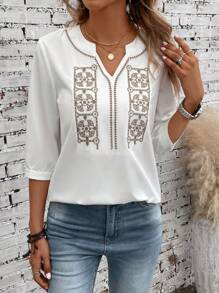 EMERY ROSE 花卉刺繡缺口領襯衫 - 白色 - 查看 6