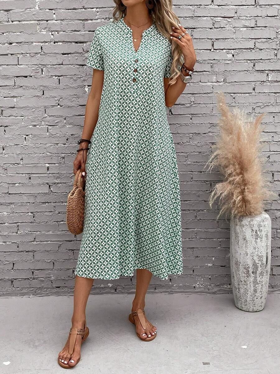 EMERY ROSE 滿版印花前紐扣連衣裙 - 橄欖綠 - 查看 1