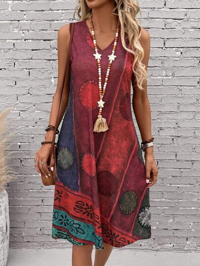 EMERY ROSE Vestido De Verano Rojo Con Estampado Gráfico Sin Mangas