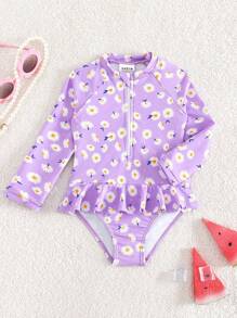 SHEIN Baby Girl Floral Print Zipper Front Peplum One Piece Swimsuit