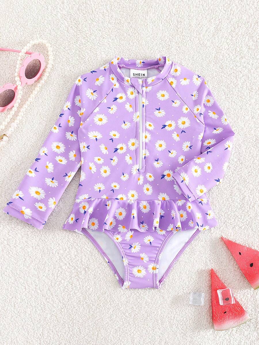 SHEIN Baby Girl Floral Print Zipper Front Peplum One Piece Swimsuit