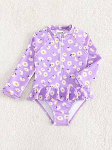 SHEIN Baby Girl Floral Print Zipper Front Peplum One Piece Swimsuit