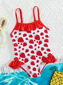 Baby Girl Strawberry Print Ruffle Trim One Piece Swimsuit
