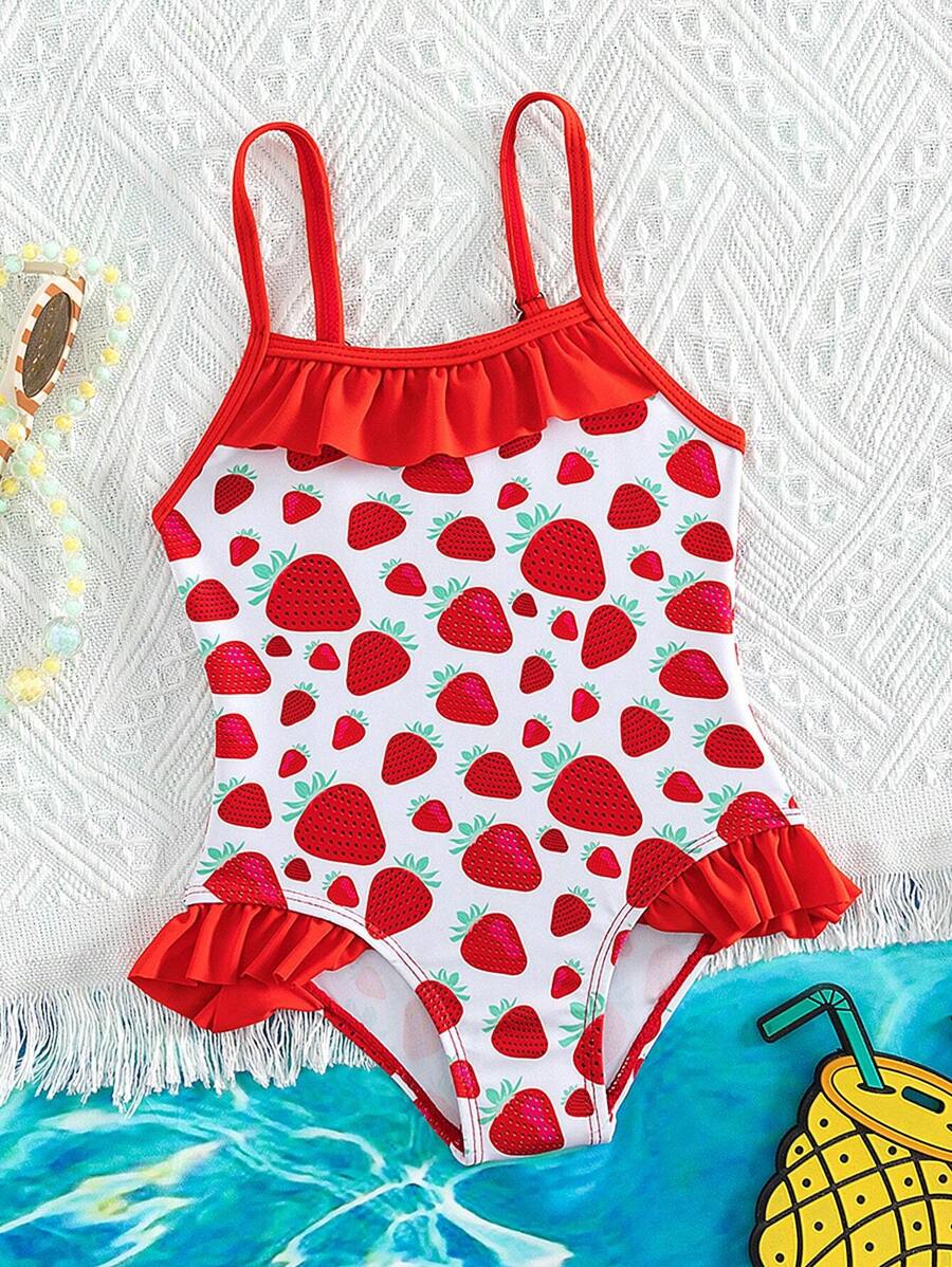 Baby Girl Strawberry Print Ruffle Trim One Piece Swimsuit