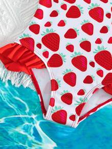 Baby Girl Strawberry Print Ruffle Trim One Piece Swimsuit