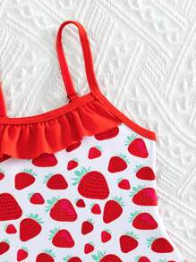 Baby Girl Strawberry Print Ruffle Trim One Piece Swimsuit