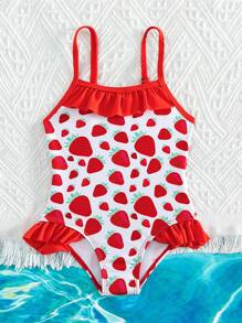 Baby Girl Strawberry Print Ruffle Trim One Piece Swimsuit
