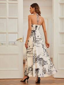 Chiquease Đầm hở lưng in họa tiết phong cảnh trang phục đi nghỉ cho nữ - Màu be - Xem 2