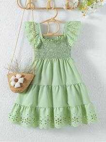 SHEIN Vintaside Kids garota jovem Cut Out Laser Acabamento De Babados Bainha Em Camadas Vestido