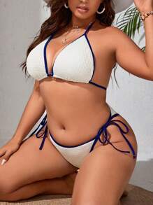 SHEIN Swim Curve 夏季海灘加大尺寸撞色綁帶掛脖三角繫帶側邊比基尼套裝