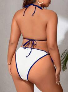 SHEIN Swim Curve 夏季海灘加大尺寸撞色綁帶掛脖三角繫帶側邊比基尼套裝