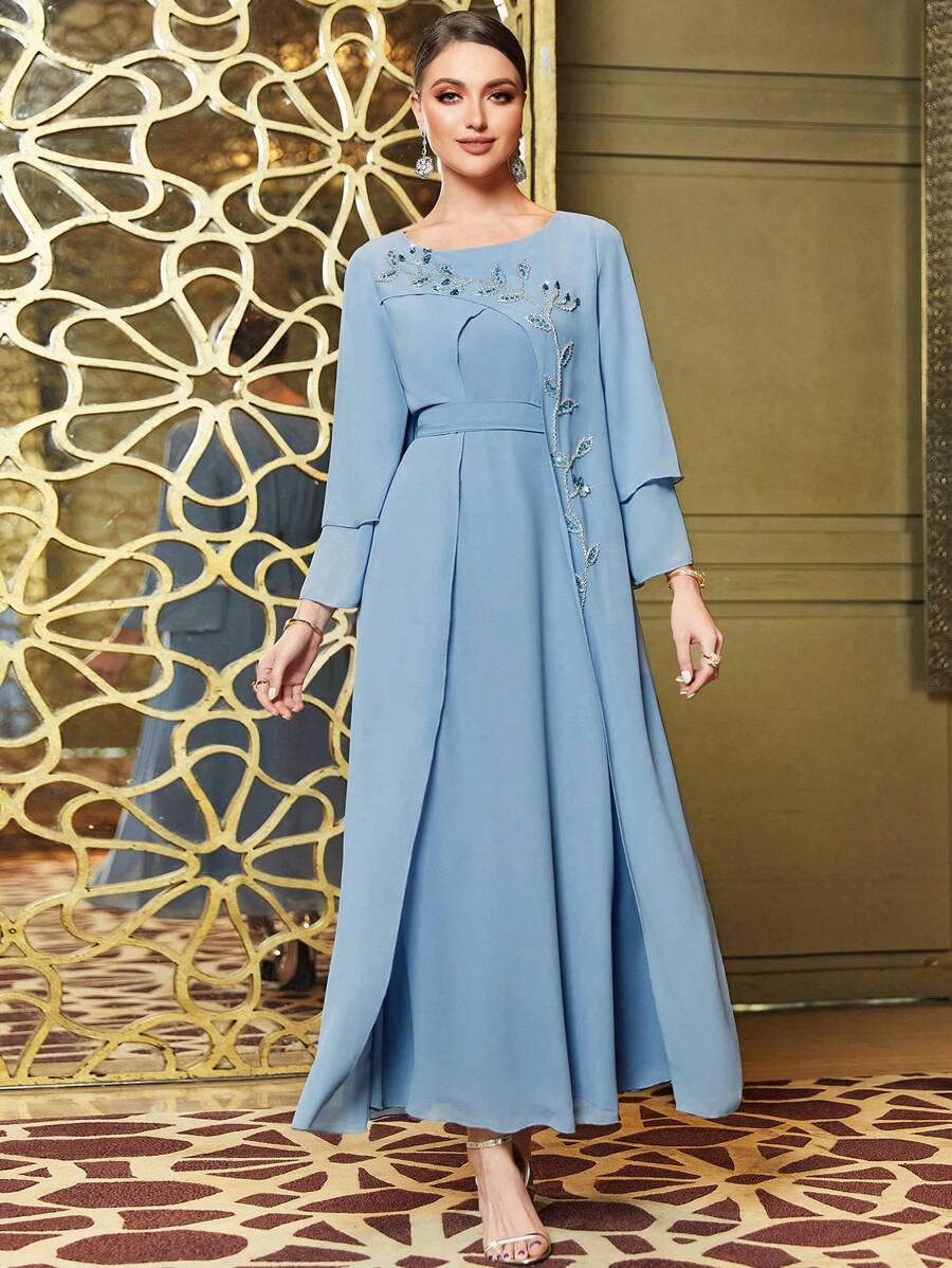 Al Najma Floral Rhinestone Flounce Sleeve Dress Kaftan Jalabiya Dress - Dusty Blue - View 1