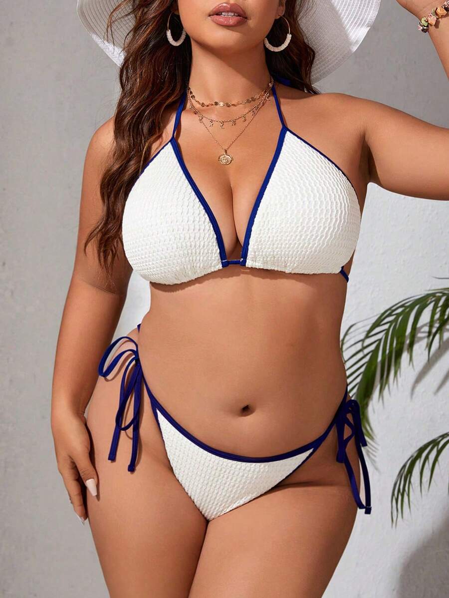 SHEIN Swim Curve 夏季海灘加大尺寸撞色綁帶掛脖三角繫帶側邊比基尼套裝