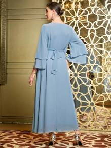 Al Najma Floral Rhinestone Flounce Sleeve Dress Kaftan Jalabiya Dress - Dusty Blue - View 2
