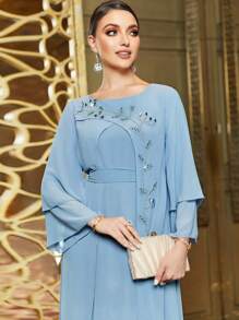Al Najma Floral Rhinestone Flounce Sleeve Dress Kaftan Jalabiya Dress - Dusty Blue - View 3
