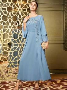 Al Najma Floral Rhinestone Flounce Sleeve Dress Kaftan Jalabiya Dress - Dusty Blue - View 4