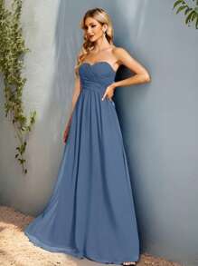 EVERPRETTY Ruched Bust Solid Chiffon Bridesmaid Dress - Dusty Blue - View 1