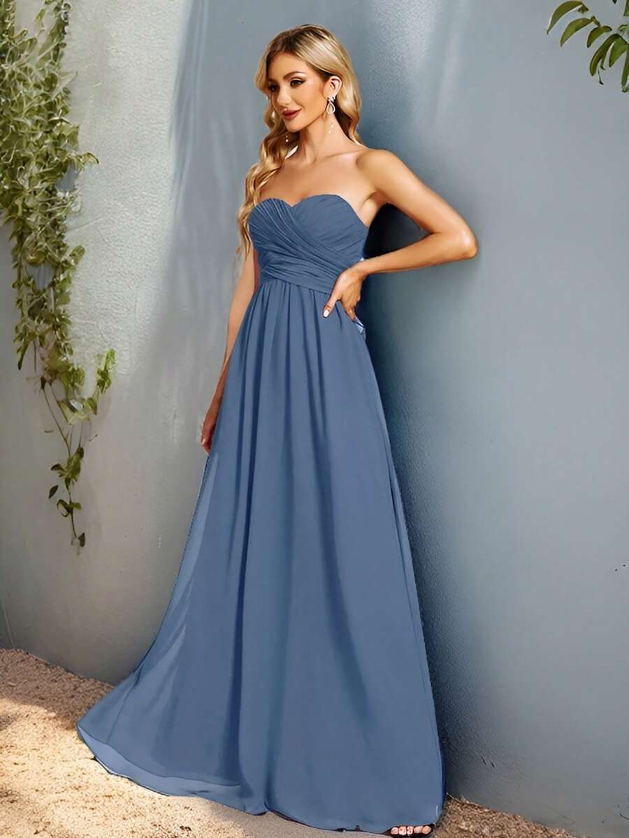 EVERPRETTY Ruched Bust Solid Chiffon Bridesmaid Dress - Dusty Blue - View 1