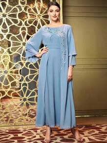 Al Najma Floral Rhinestone Flounce Sleeve Dress Kaftan Jalabiya Dress - Dusty Blue - View 5
