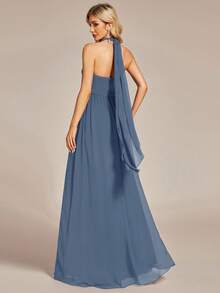 EVERPRETTY Ruched Bust Solid Chiffon Bridesmaid Dress - Dusty Blue - View 2