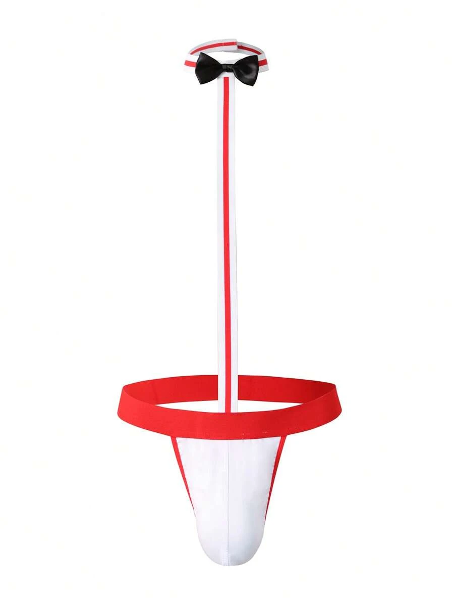 Men Bow Decor Thong - Red and White - View 1