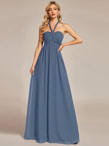 EVERPRETTY Ruched Bust Solid Chiffon Bridesmaid Dress - Dusty Blue - View 3