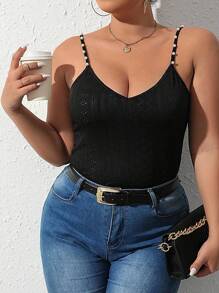 Áo hai dây Plus Size Ngọc trai cườm đính Tranh thêu màu trơn Giải trí - màu đen - Xem 1